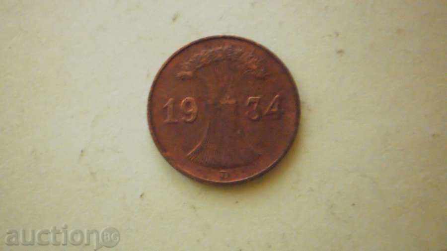 Cupru Moneda 1 pfennig 1934D Germania cu preț € 2.56 | 5.01 BGN