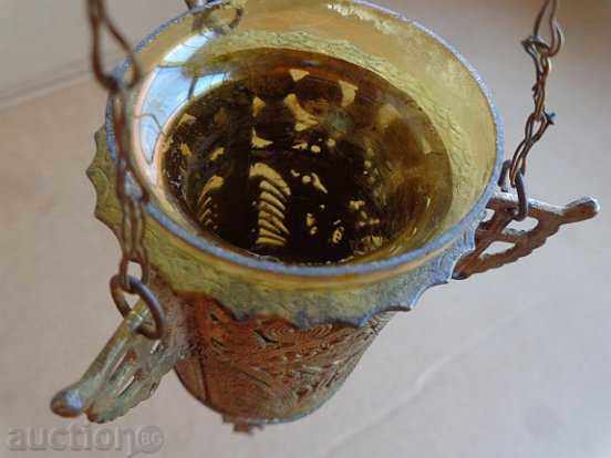 Delivery of Old bronze candela with a cup, icon, religion, cross Jesus