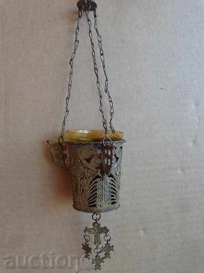Старо бронзово кандило с чашка, икона, религия, кръст Исус