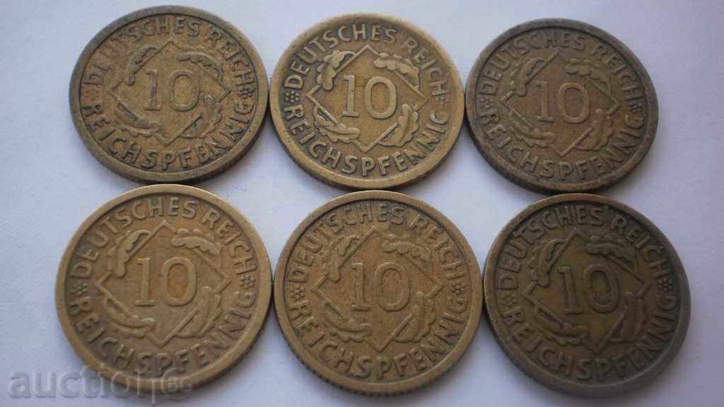 Германия Ваймарска Република Лот 6 Монети 1924г.