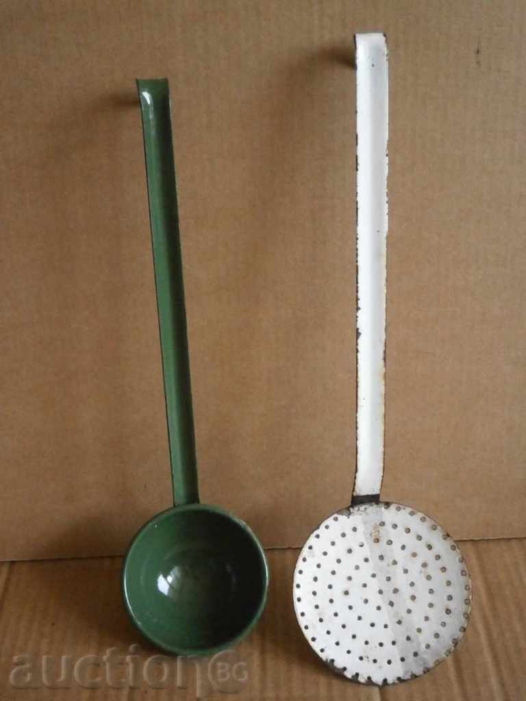 An old enameled ladle and grated spoon