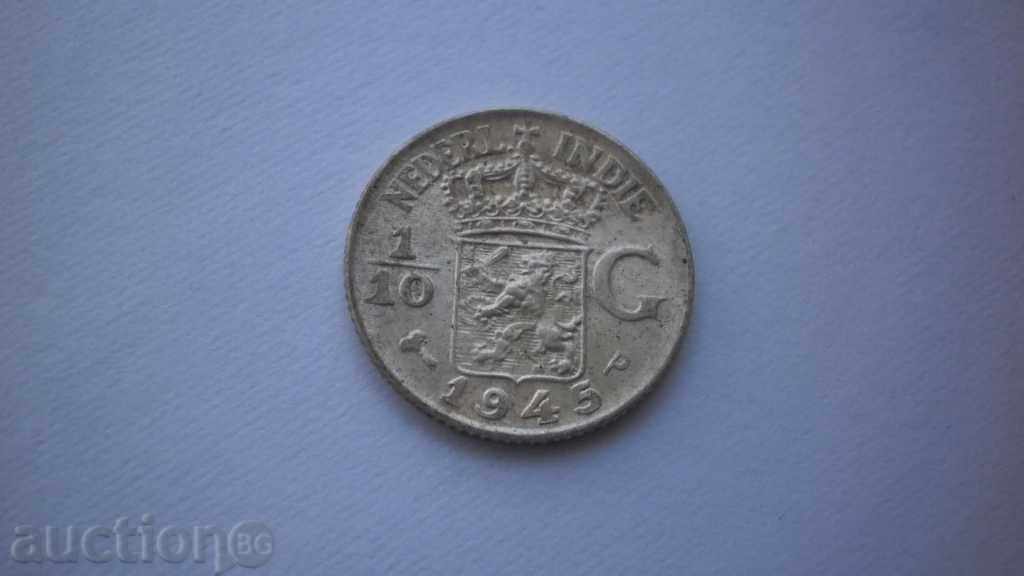 India-Dutch Silver 1/10 Gulden 1945 UNC Rare Coin