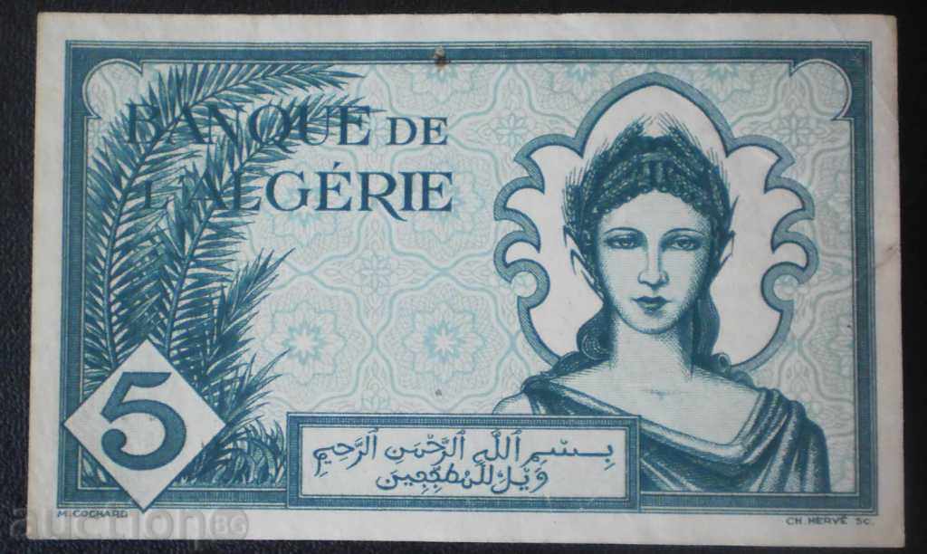 Alzhir 5 Franka 1942 Rare Bancnota cu preț € 10.23 | 20.01 BGN