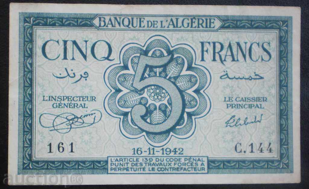 Alzhir 5 Franka 1942 Rare Bancnota