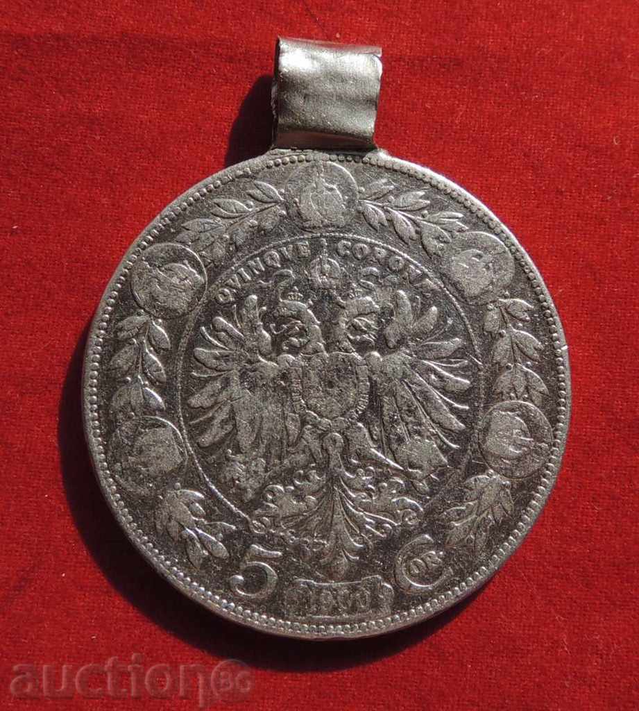 5 crowns 1900. Austria silver with suspension mount