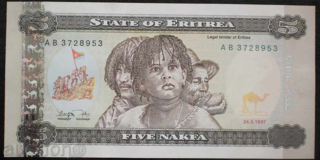 Eritrea 5 Nafka 1997 UNC Rare Banknote