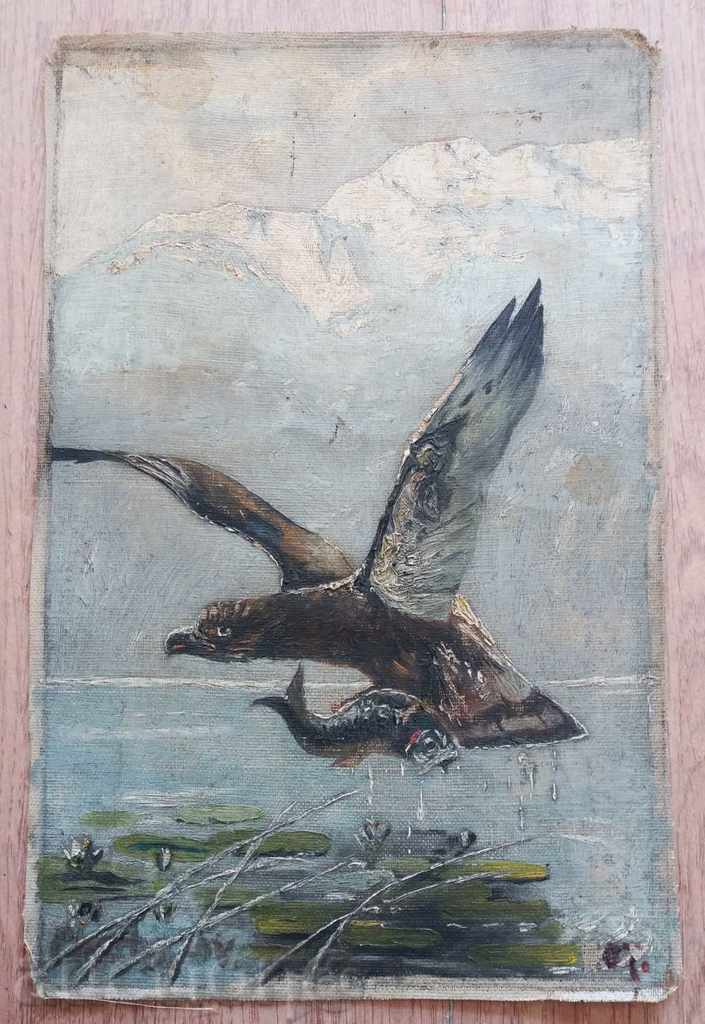 Unrecognizable author Eagle and pike oil canvas 1907г. Signed