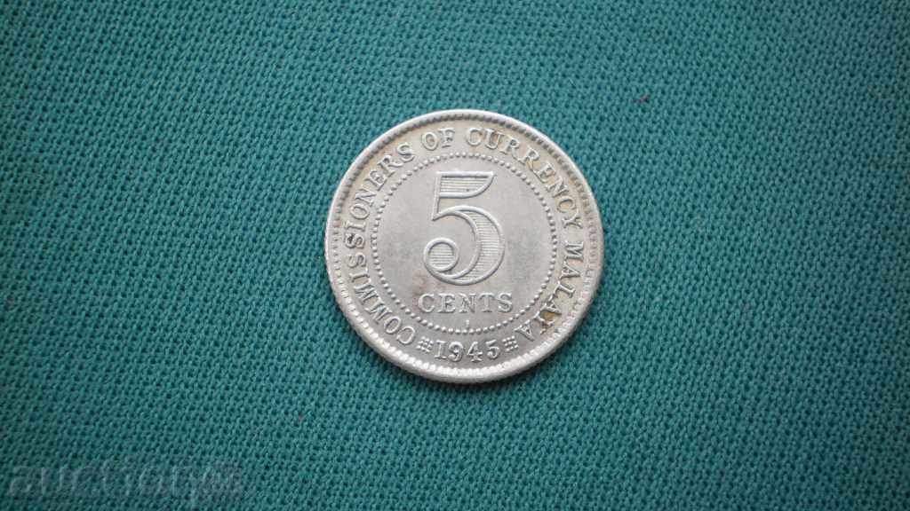 Velikobr. Malaya britanică 5 cenți 1945 George VI Silber