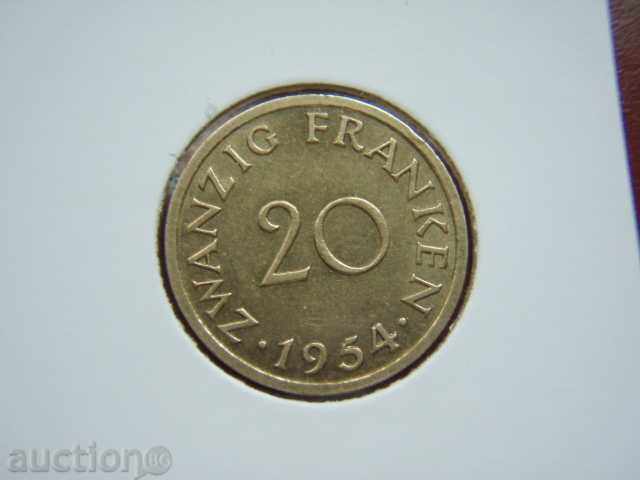 20 Franken 1954 Saarland (Germania) - XF/AU
