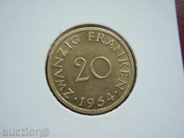 20 Franken 1954 Saarland (Γερμανία) - XF/AU