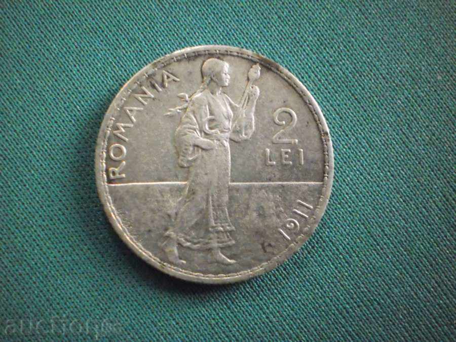 Silver Coin Romania 2 lei 1911 ROMANIA UNC