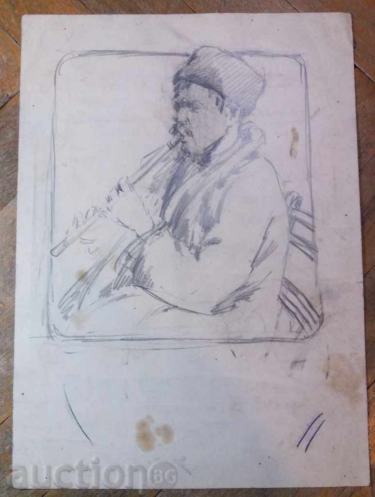 1202 Hristo Lozev villager with kaval drawing P.18 / 25cm