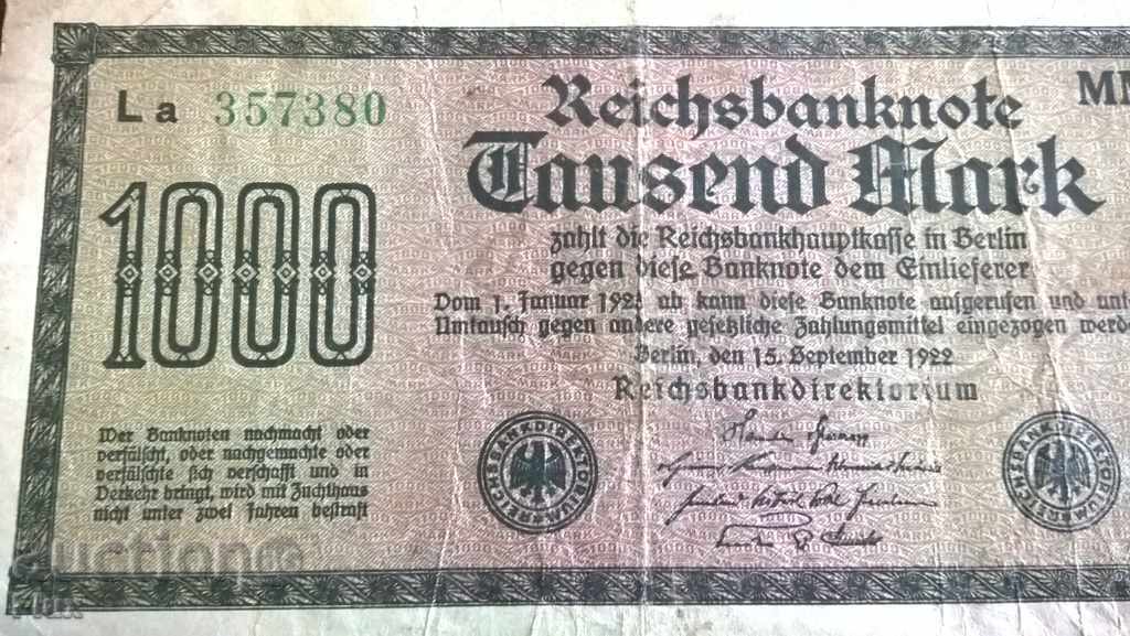 Reich banknote - Germany - 1000 marks 1922 with price 5.75 BGN | € 2.94 Reich banknote - Germany - 1000 marks 1922 with price 5.75 BGN | € 2.94