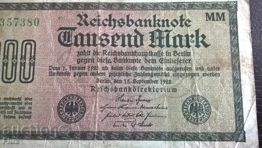 Auction Reich banknote - Germany - 1000 marks 1922 Auction Reich banknote - Germany - 1000 marks 1922