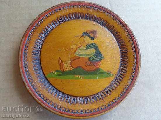 An old wooden pyrograph plate dish picture paint