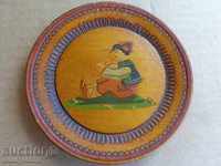 An old wooden pyrograph plate dish picture paint