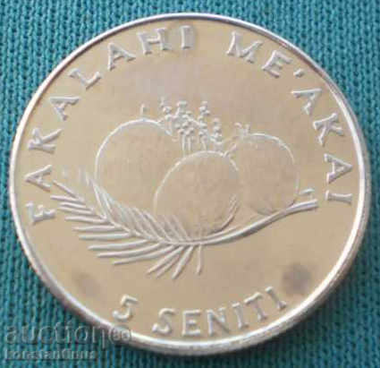 Toнгa 5 Сенити 2005 UNC с цена € 1.53 | 2.99 лв.