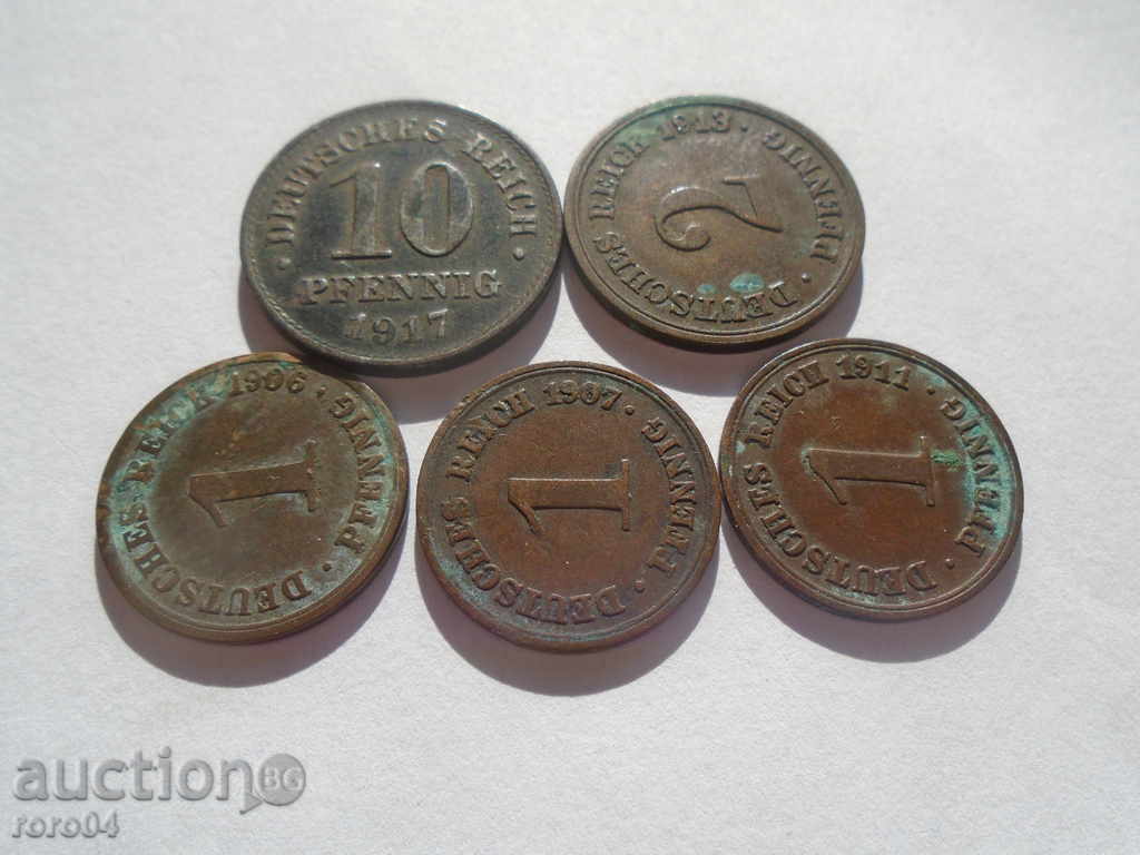 GERMAN PFENENGES DEUTSCHES REICH 1906/07/11/13/17 - 7 GERMAN PFENENGES DEUTSCHES REICH 1906/07/11/13/17 - 7