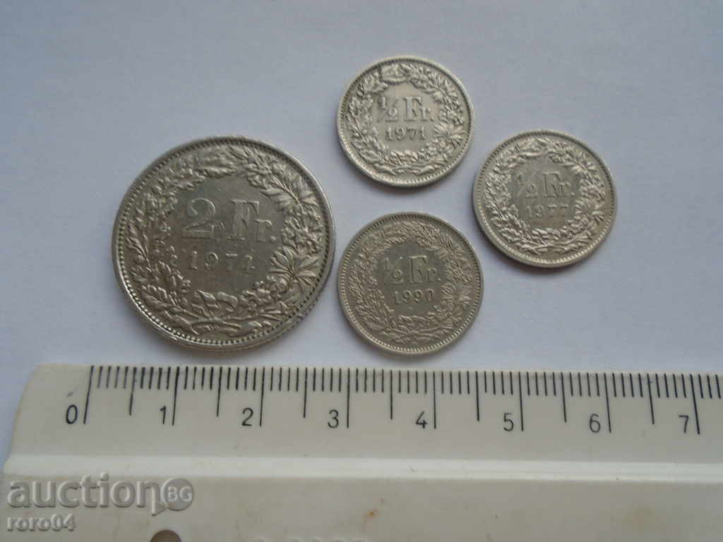 2 SWITZERLAND FRANK 1974 + 3 x 1/2 1971/77/90 with price 8.99 BGN | € 4.60 2 SWITZERLAND FRANK 1974 + 3 x 1/2 1971/77/90 with price 8.99 BGN | € 4.60