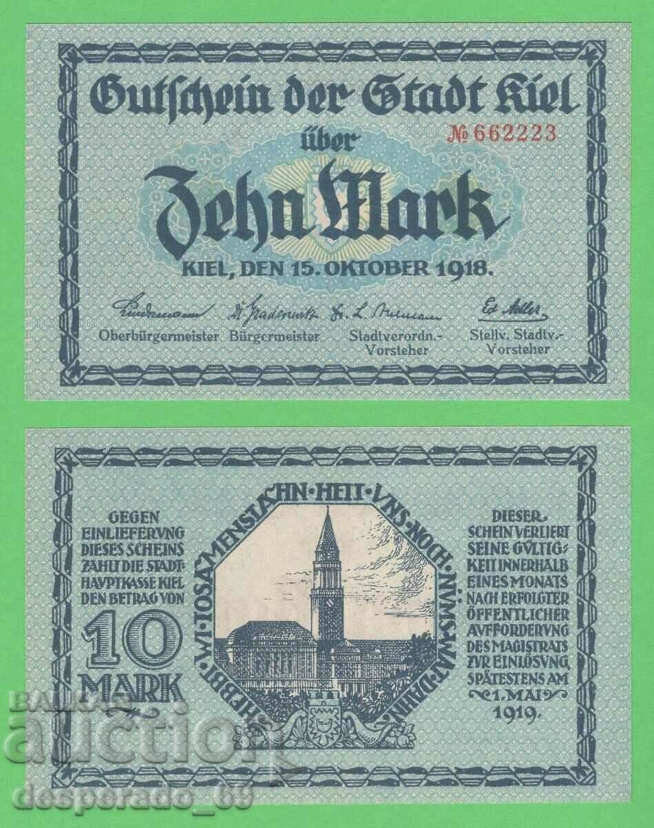 (¯`'•.¸ГЕРМАНИЯ (Kiel) 10 марки 1918  UNC¸.•'´¯)