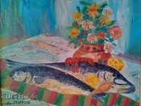 Oil painting "Still life with a vase and fish"