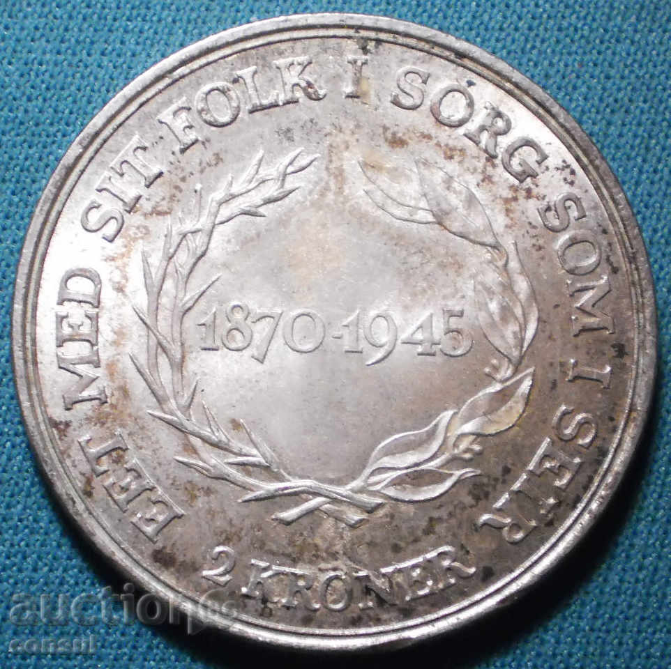 Danemarca 2 Coroane 1945 Rare UNC Silver