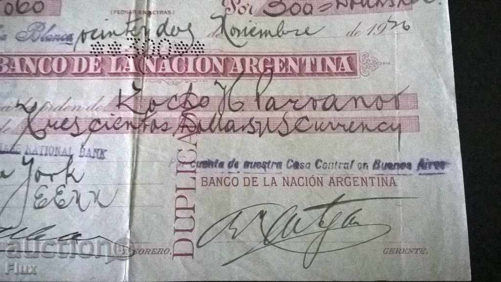 Delivery of Bank Check - Argentina | 1926 Delivery of Bank Check - Argentina | 1926