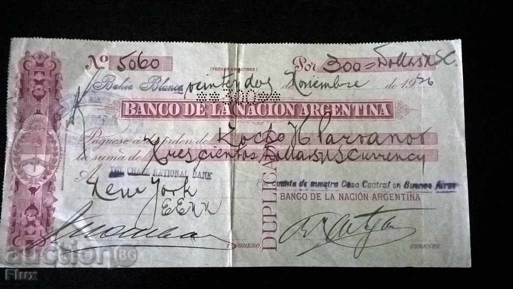 Bank Check - Argentina | 1926