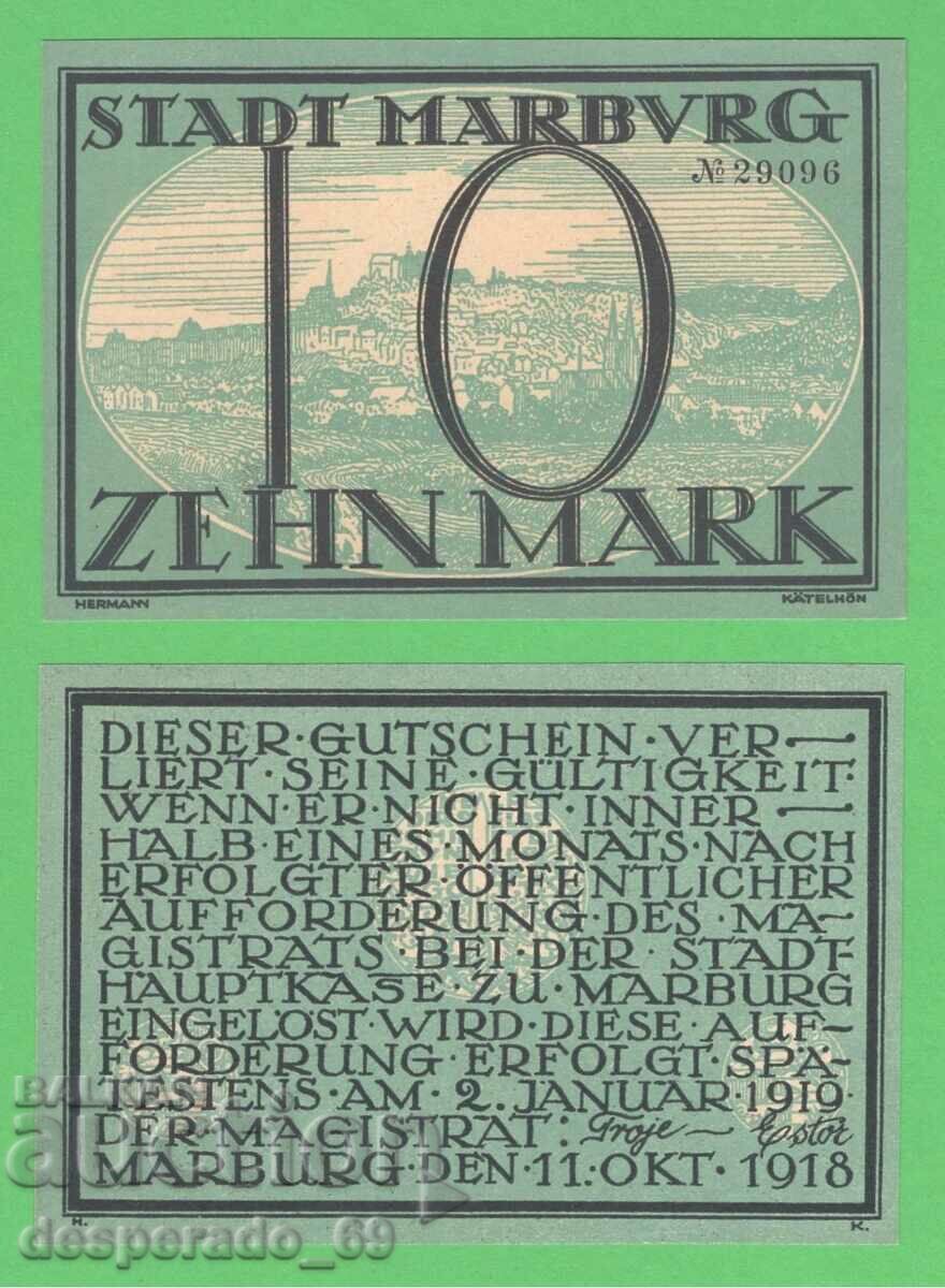 (¯`'•.¸ГЕРМАНИЯ (Marburg) 10 марки 1918  UNC¸.•'´¯)