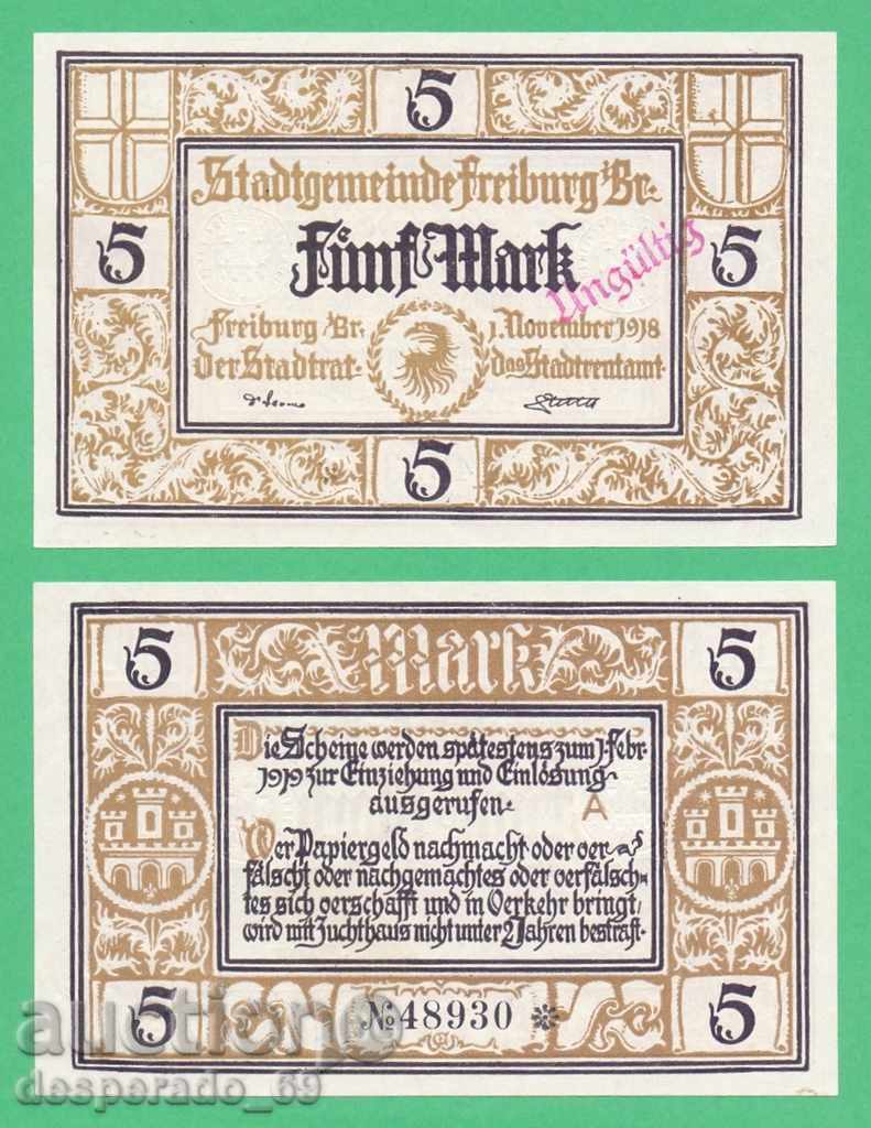 (¯`'•.¸GERMANY (Freiburg) 5 Marks 1918 UNC¸.•'´¯)