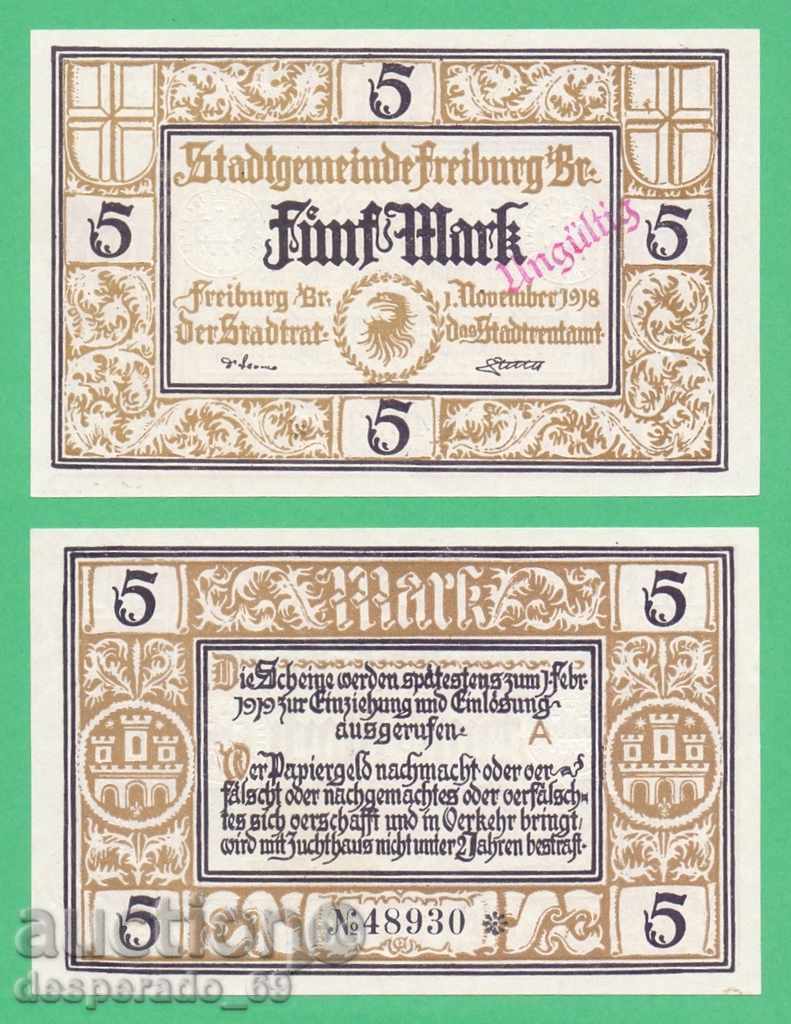 (¯`'•.¸ГЕРМАНИЯ (Freiburg) 5 марки 1918  UNC¸.•'´¯)