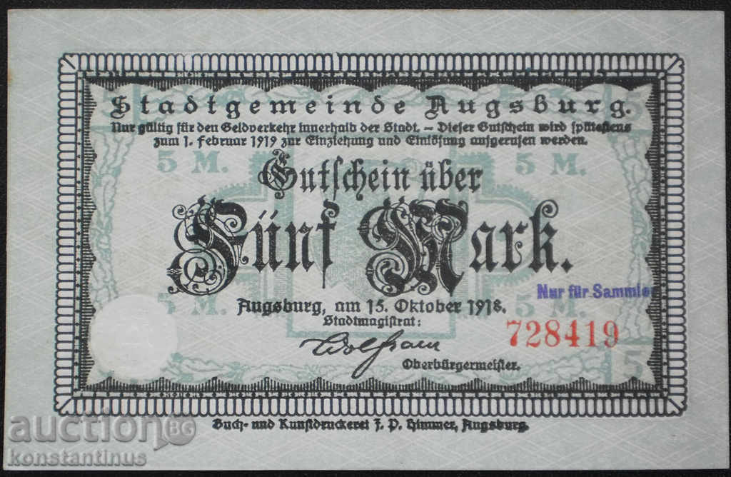 Germany 5 Mark 1918 UNC Rare Variety