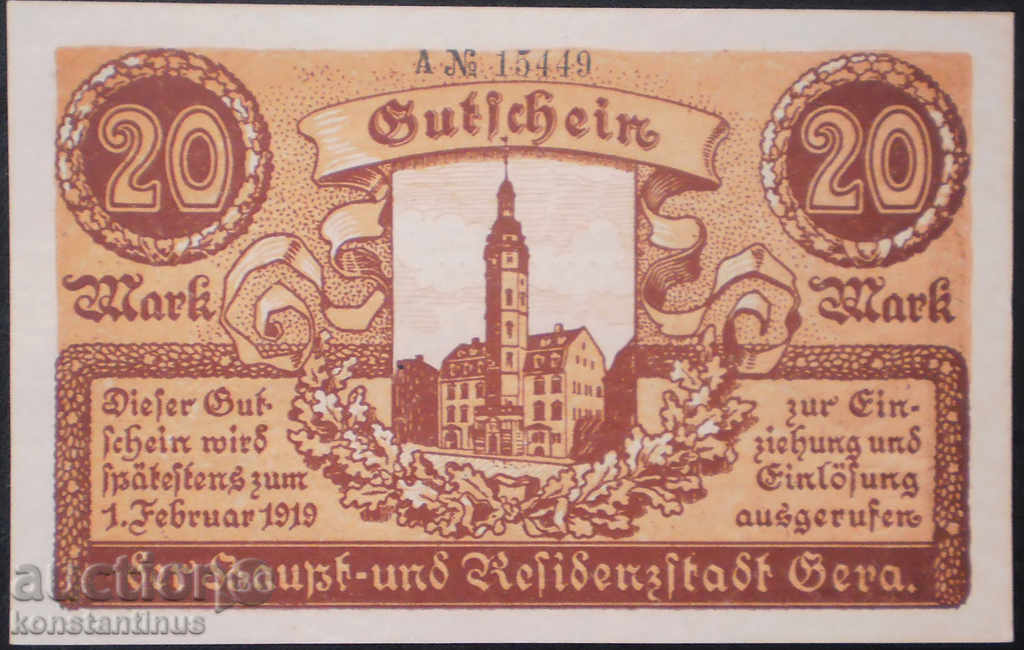 Germania 20 Mark 1919 UNC Rare cu preț € 8.69 | 17.00 BGN