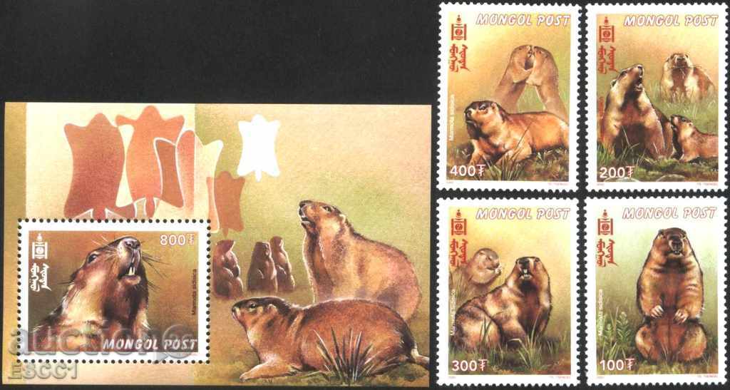 Чисти марки и блок Фауна Мармоти 2000 от Монголия