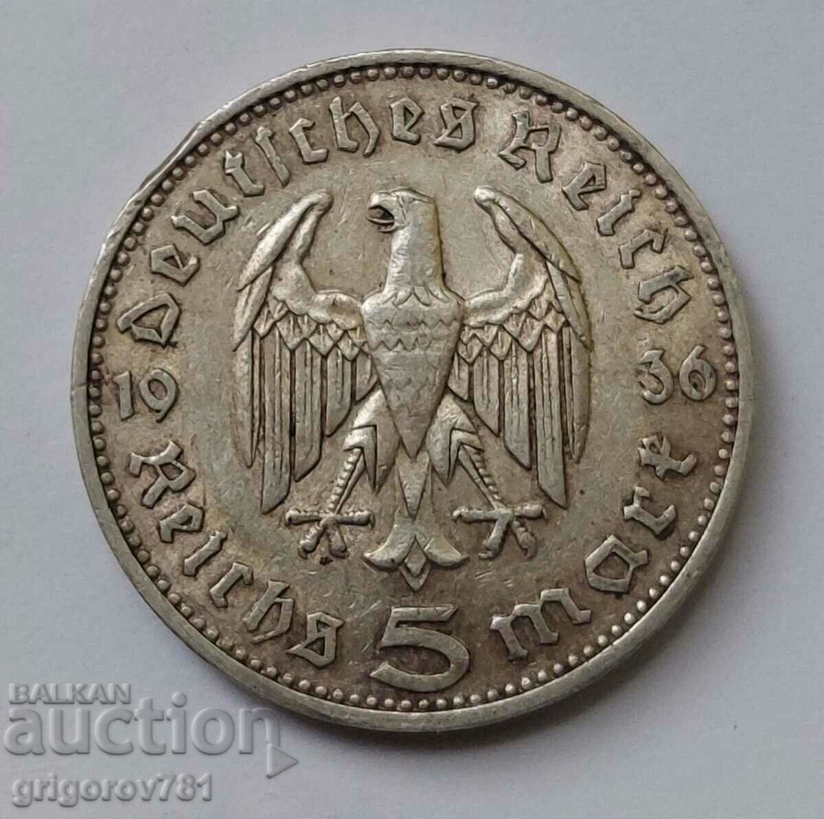5 марки сребро Германия 1936 F III Райх  сребърна монета №93
