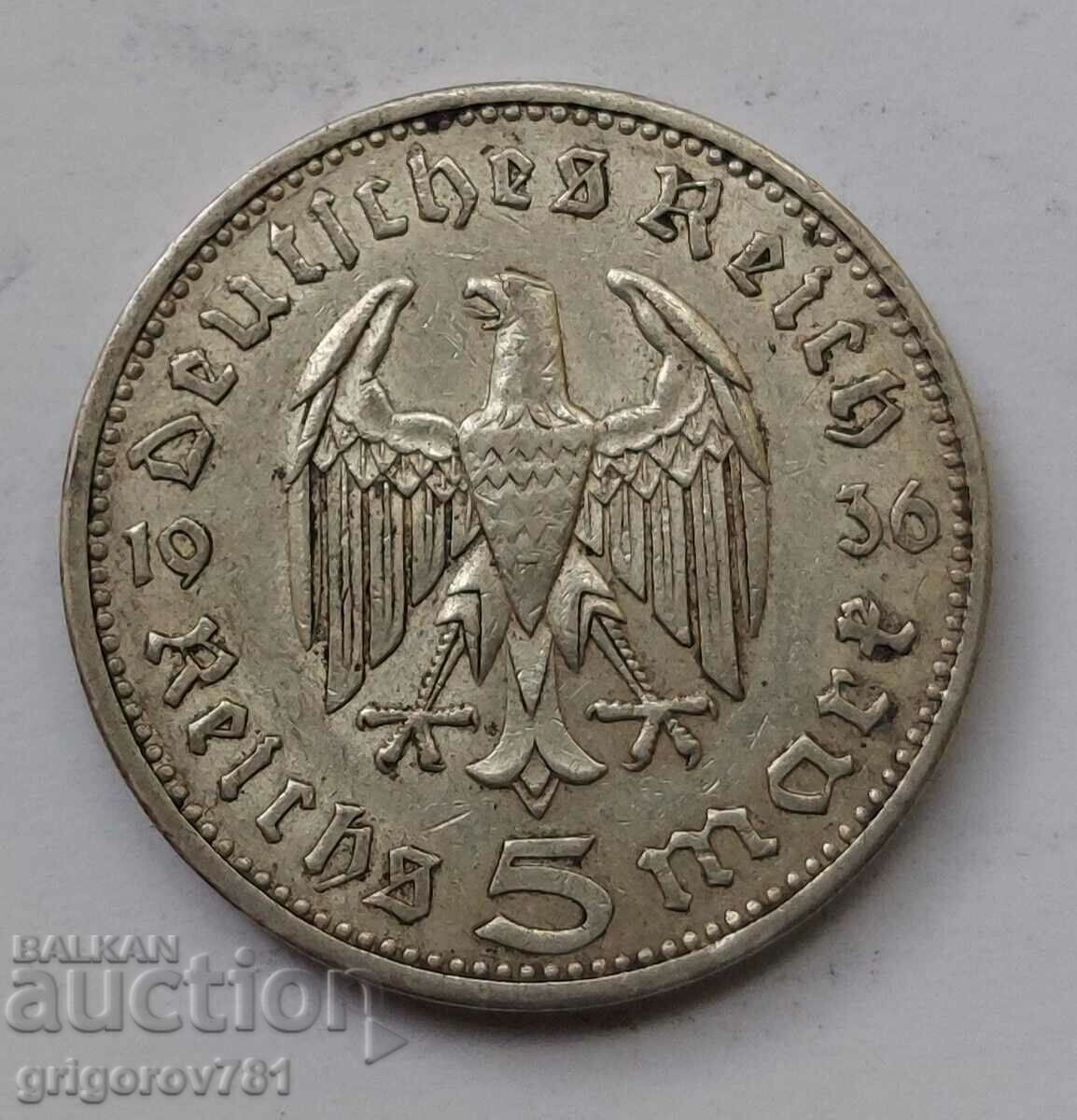 Ασημένιο 5 Marks Γερμανία 1936 Ασημένιο νόμισμα A III Reich #95