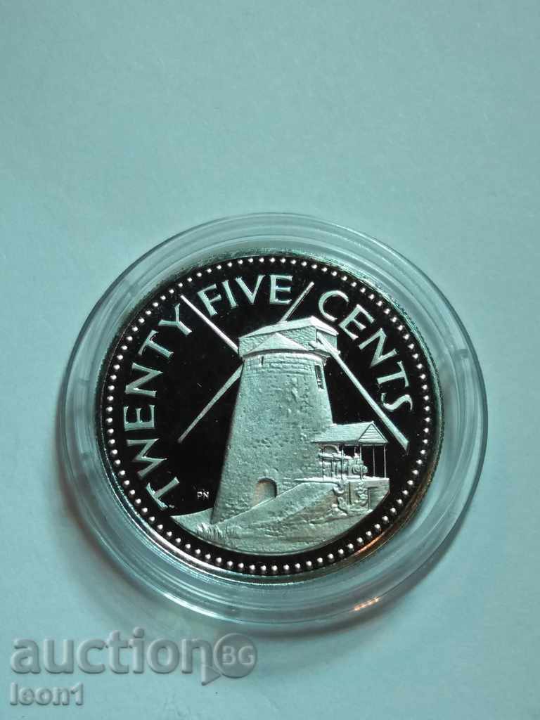25 cents 1973 Barbados PROOF with price 35.00 BGN | € 17.90