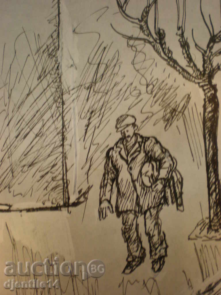 Auction  Ink drawing, Kuncho Atanasov