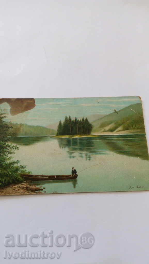 Postcard Max Muller A fishing boat with a fisherman in it