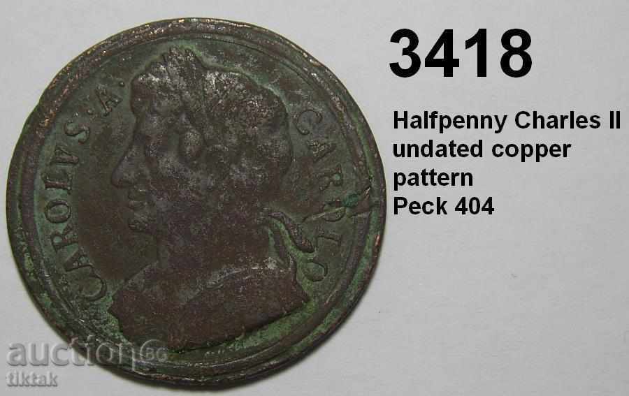 Δημοπρασία Halfpenny Charles II PECK 404 αχρονολόγητη μοτίβο χαλκού Δημοπρασία Halfpenny Charles II PECK 404 αχρονολόγητη μοτίβο χαλκού
