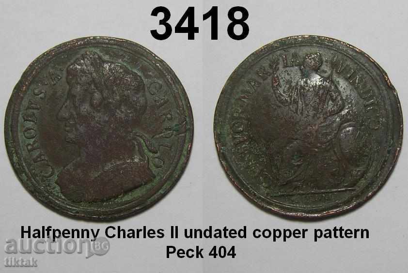 Halfpenny Charles II PECK 404 αχρονολόγητη μοτίβο χαλκού
