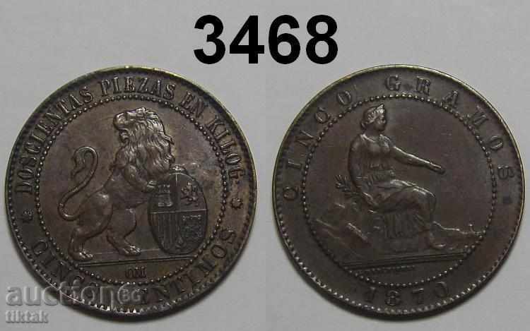 Spain 5 Centimes 1870 AU Awesome Coin