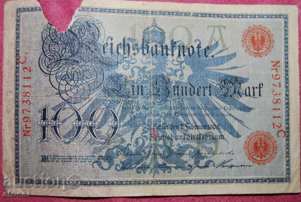 100 mărci 1908 Germania roșu de imprimare