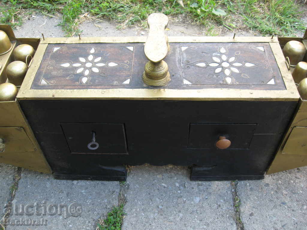 Auction Old Hand Wrought Waxing Box, Brass, Mother of Pearl, Shoes Auction Old Hand Wrought Waxing Box, Brass, Mother of Pearl, Shoes