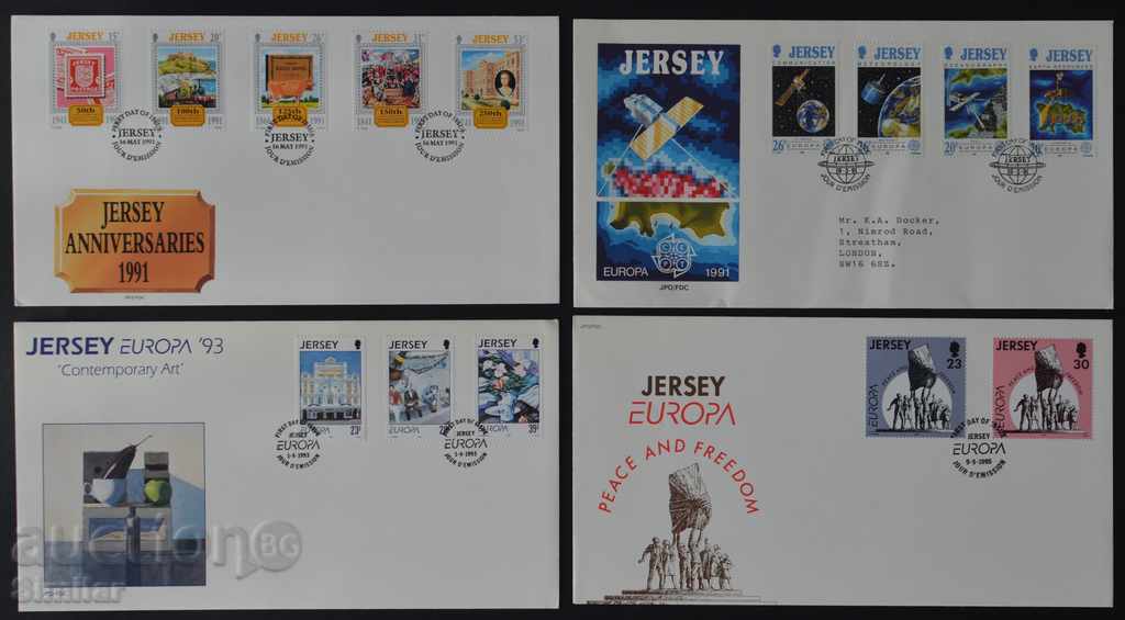 4 бр. първодневни пликове о-в Джърси / Jersey 1991-95г..