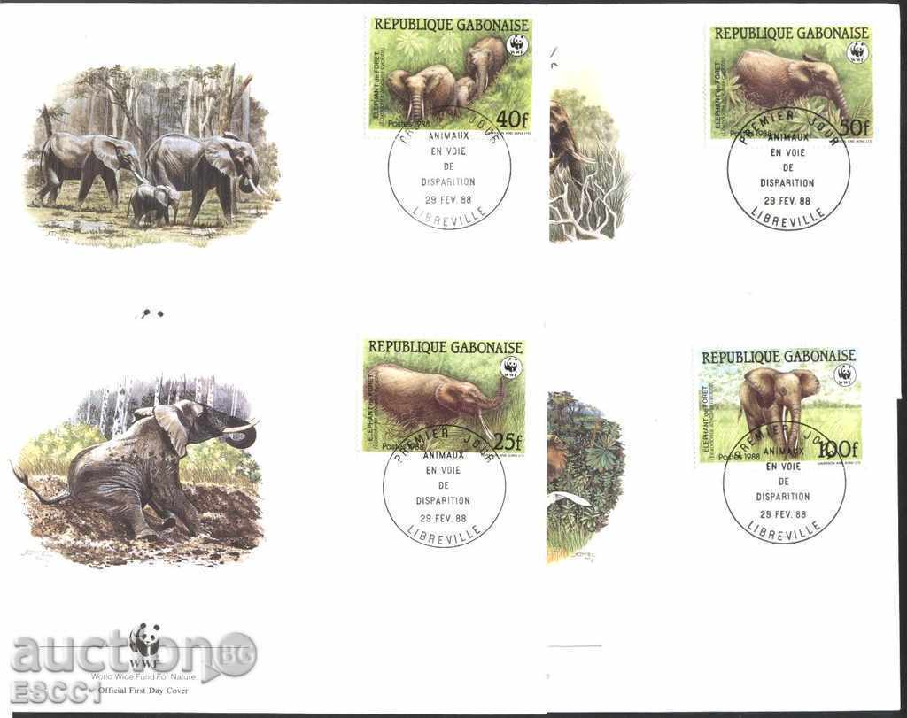 Първодневни пликове (FDC) WWF Фауна Слонове 1988 от Габон