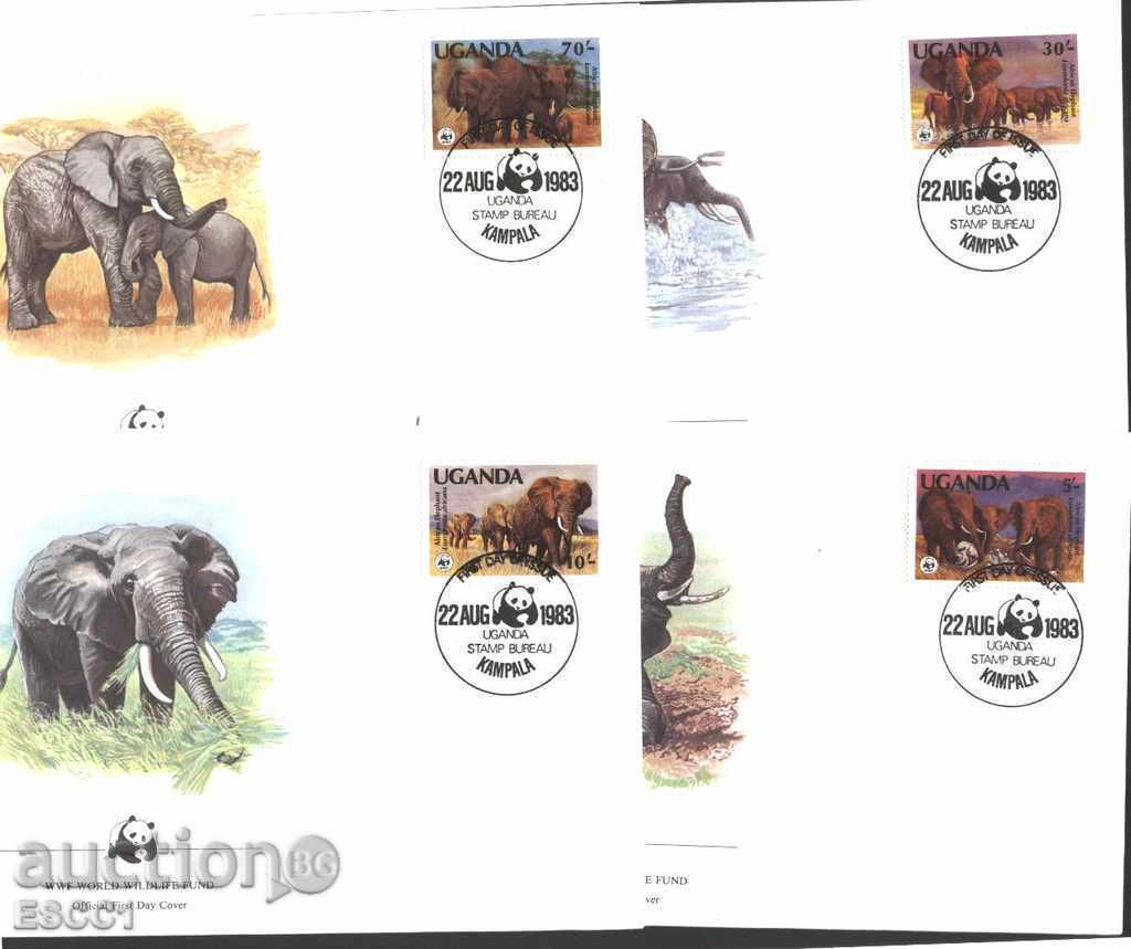 Първодневни пликове (FDC) WWF Фауна Слонове 1983 от Уганда