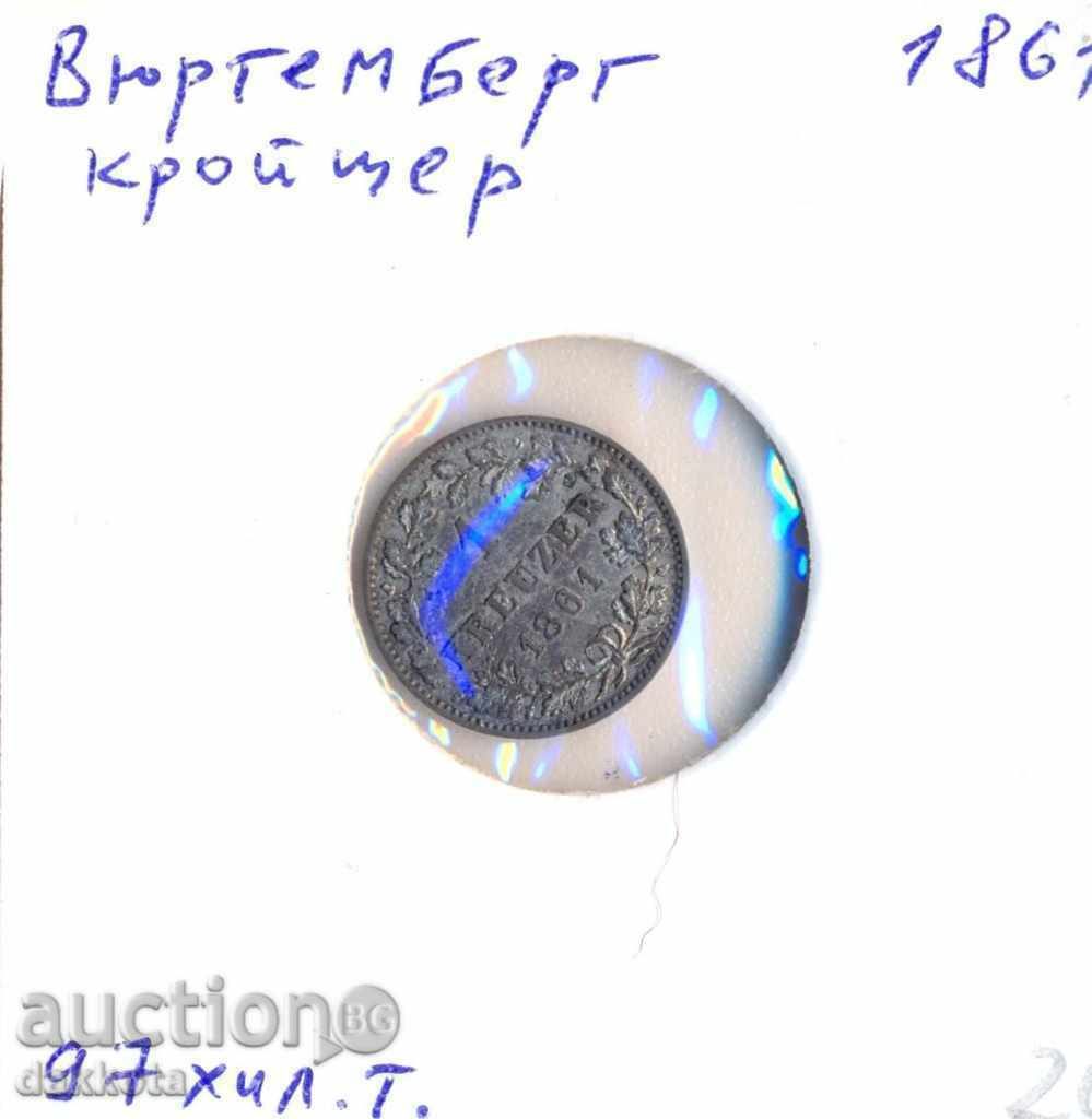 Württemberg 1 Kreuzer 1861, κυκλοφορία 97.000, άριστη με τιμή 25.00 BGN | € 12.78