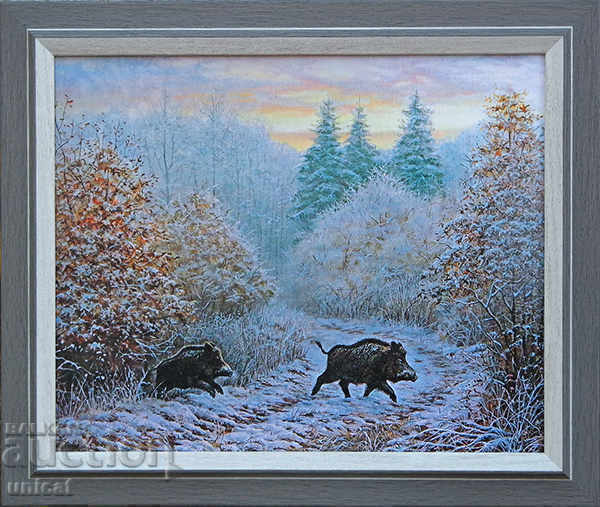 Winter landscape with wild boars, picture for hunters