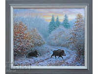 Winter landscape with wild boars, picture for hunters